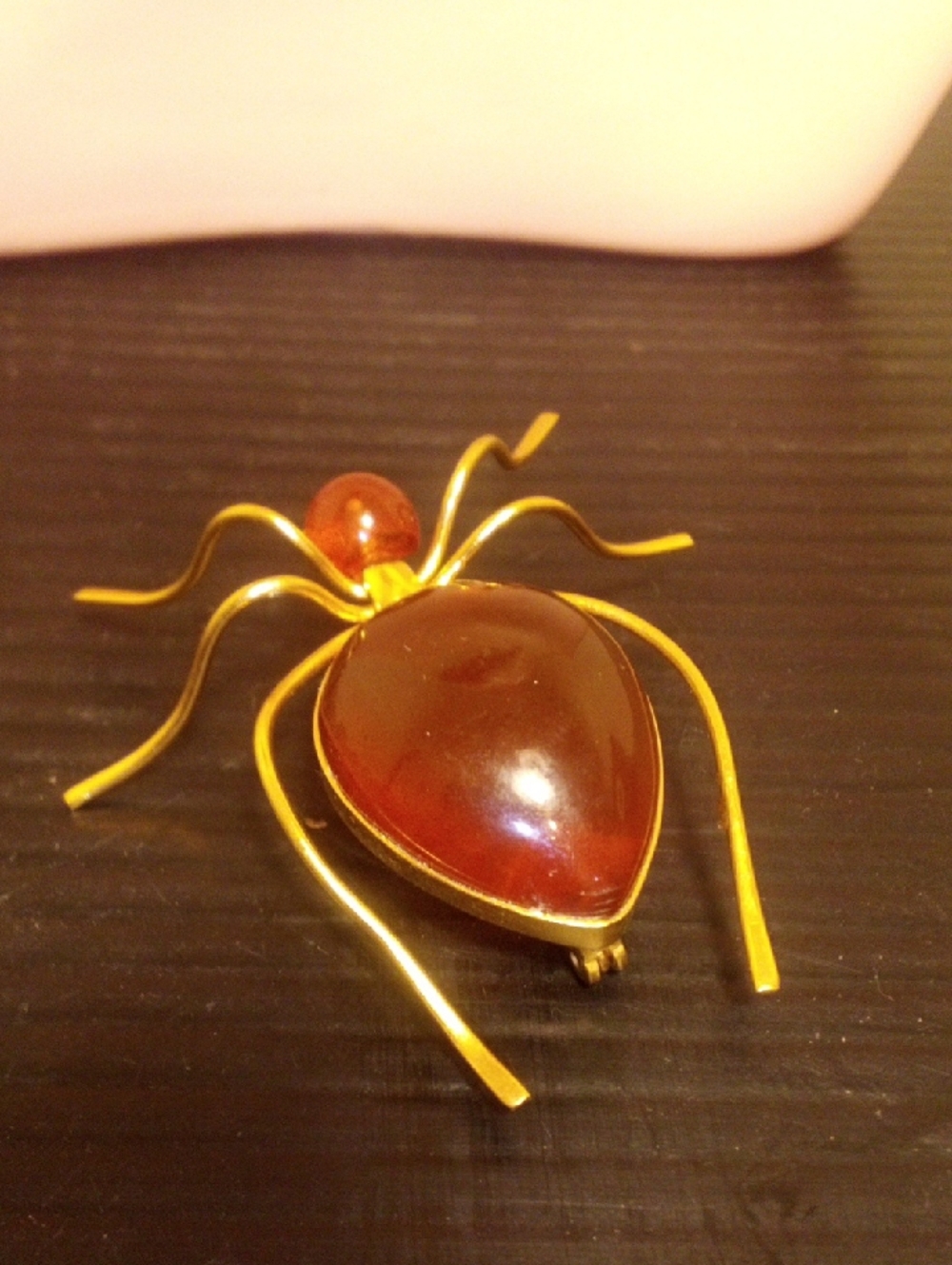 Amber Colored Spider Brooch - Gold Tone - Picture 3 of 4